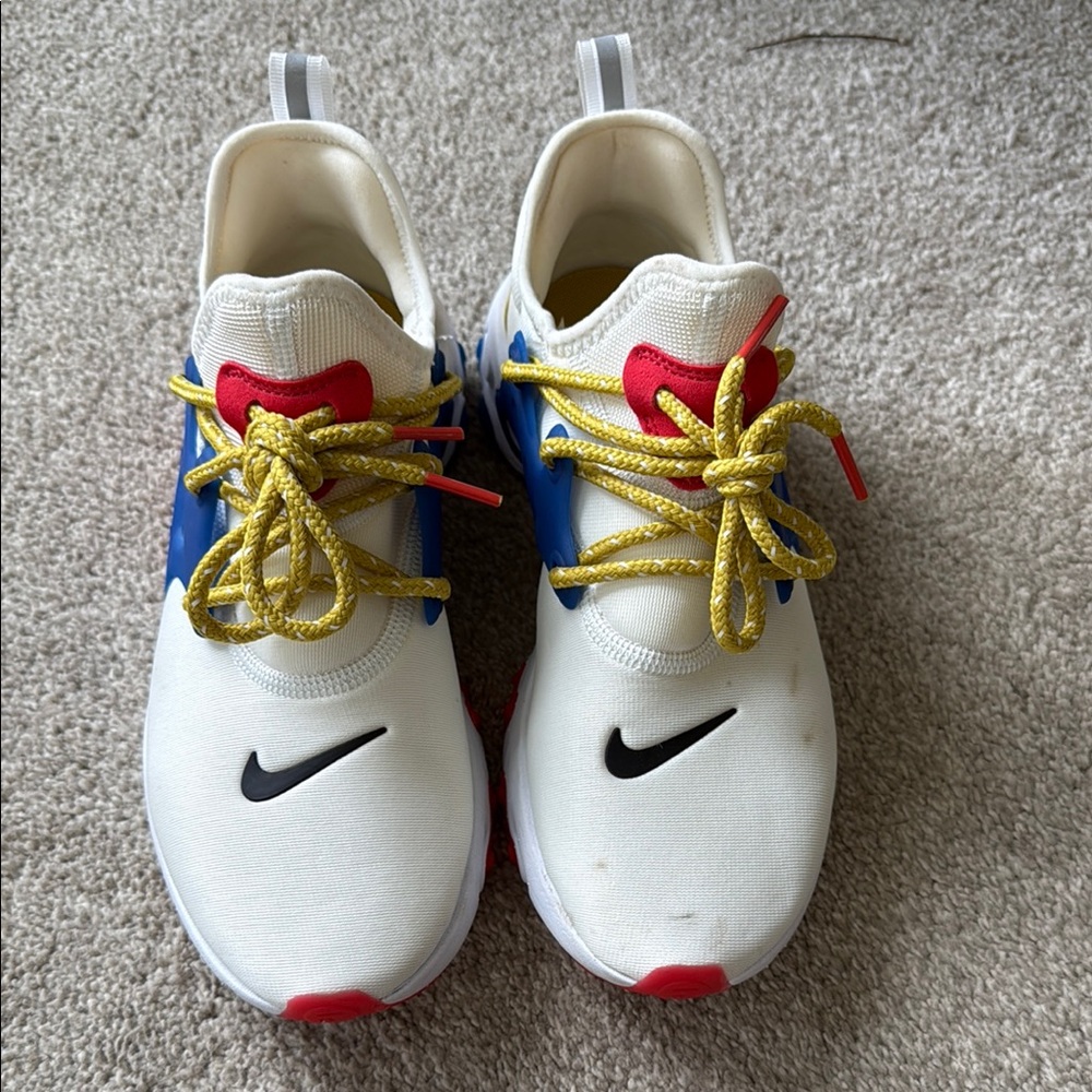 Nike React shoes: White, Blue, Red